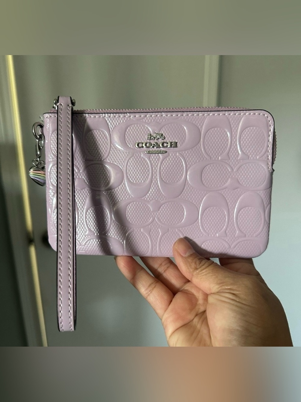 Coach Corner Zip Wristlet In Signature Leather With Heart Charm
